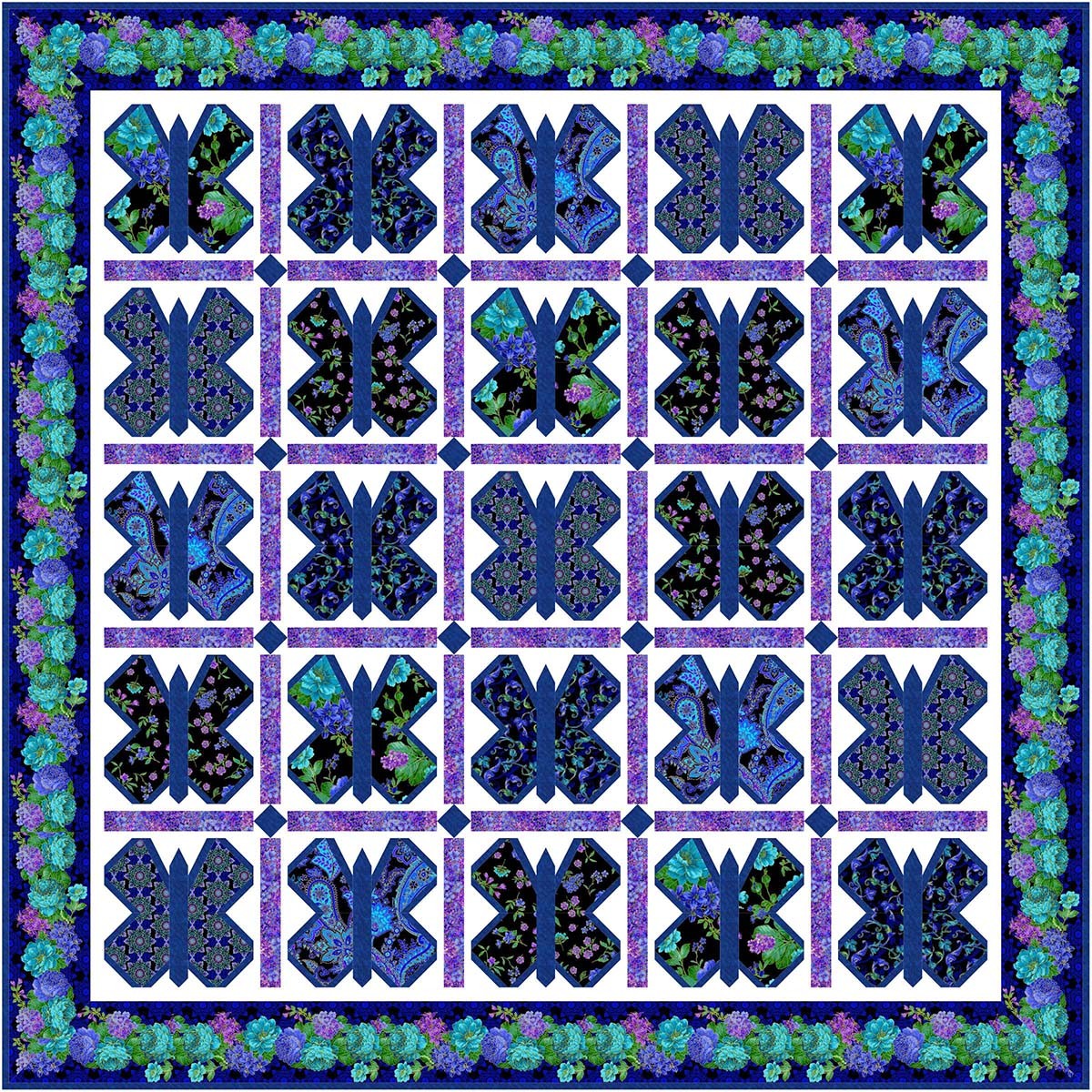 Butterfly Dance blue Quilt Opulent Floral by Natalie Crabtree