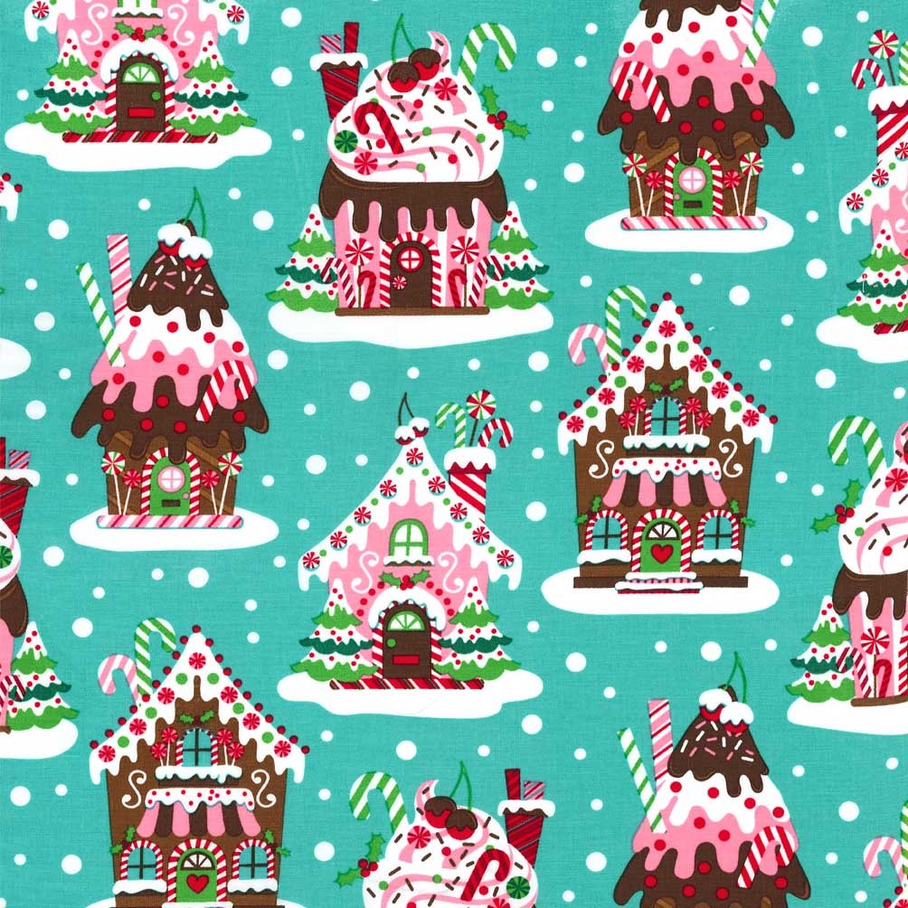 cx5952 gingerbread houses aqua red green holiday christmas xmas santa winter snow - Vintage Christmas Fabric cx5952 gingerbread houses aqua red green holiday christmas xmas santa winter snow - Vintage Christmas Fabric