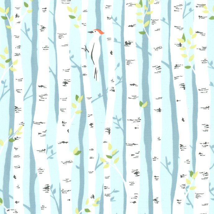 Ps5345 Birch Forest Aqua Turq Blue Trees Branches Leaves Birds