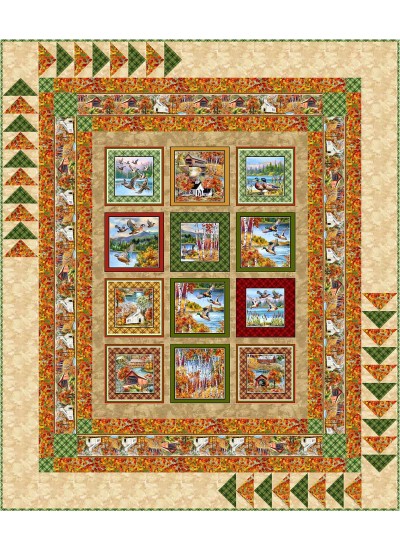 Duck Season feat. autumn lake by Steinbrook quilt- free pattern available in july, 2025