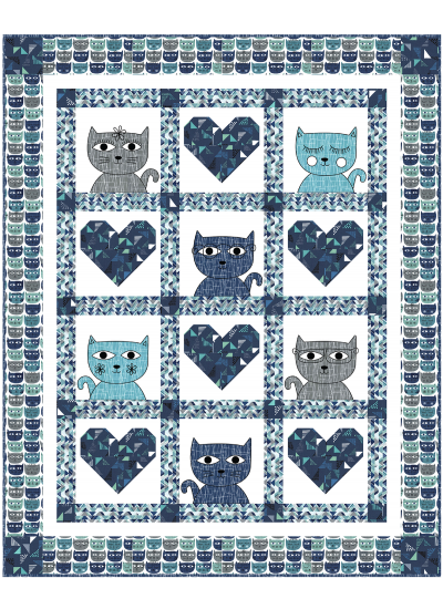 Hipster Kitties - Blue Quilt by Heidi Pridemore /46x57"