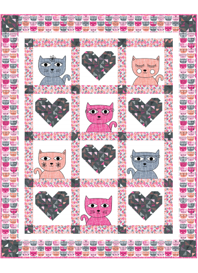 Hipster Kitties - Pink Quilt by Heidi Pridemore /46x57"