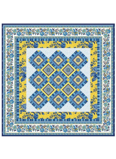 Provencial La Fleur Tiles Fuzzy Cut Border Blue Quilt by Diane Nagle /48"x48"
