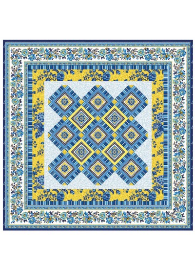 Provencial La Fleur Tiles Fuzzy Cut Border Blue Quilt by Diane Nagle /48"x48"